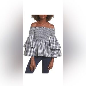 BP SMOCKED OFF THE SHOULDER TOP WITH BELL SLEEVES